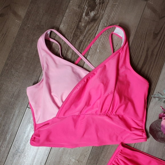 SOLY HUX Women's Plus Size Color Block Swimsuit Ruched High Waist Hot Pink 1XL - Picture 14 of 16